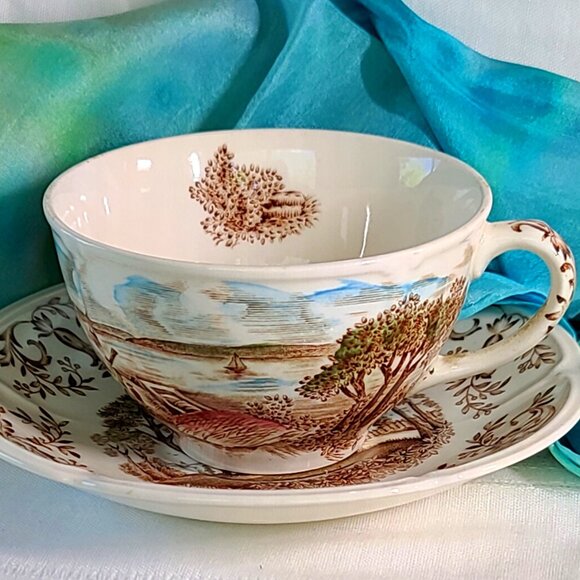 Flat Cup & Saucer Set - Mount Vernon Garden House Windsor Ware-Brown Multicolor - Picture 1 of 8